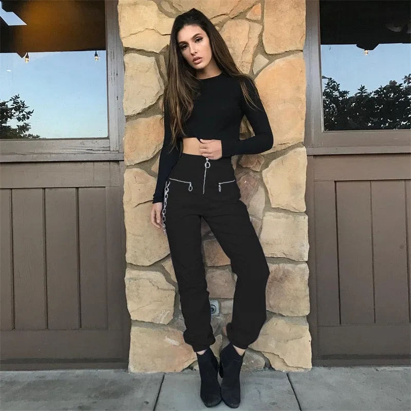 Hot Goth Gothic zipper streetwear casual harem pants with chain black pant cool hip hop long trouser