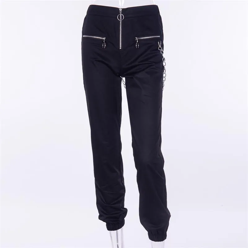 Hot Goth Gothic zipper streetwear casual harem pants with chain black pant cool hip hop long trouser