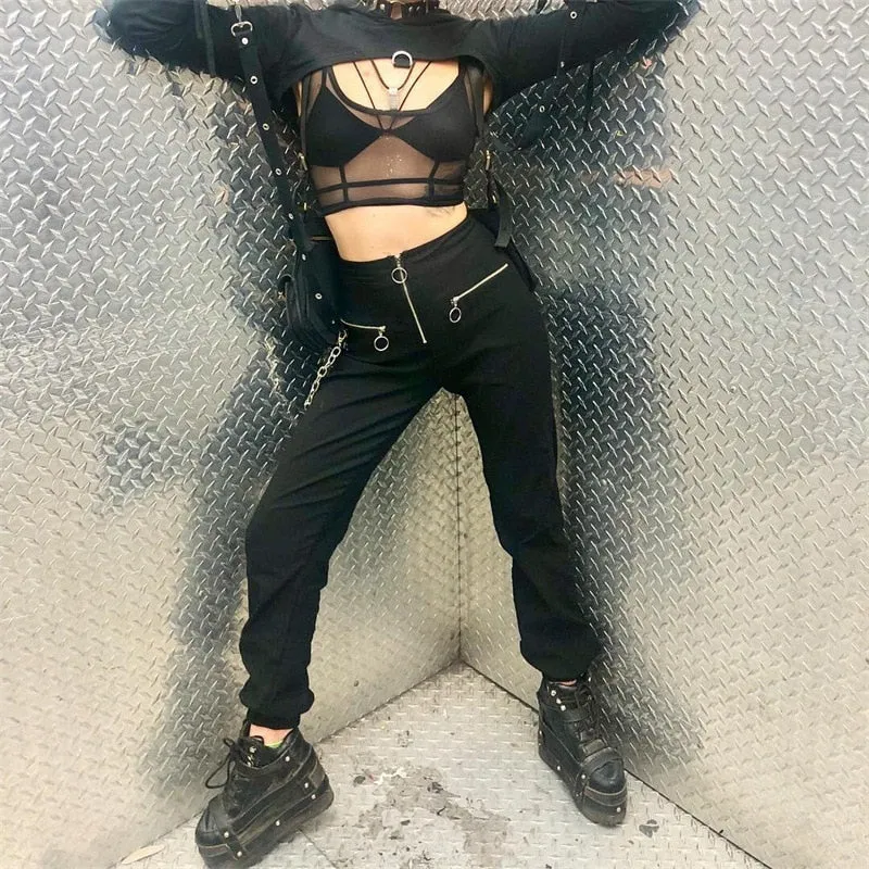 Hot Goth Gothic zipper streetwear casual harem pants with chain black pant cool hip hop long trouser