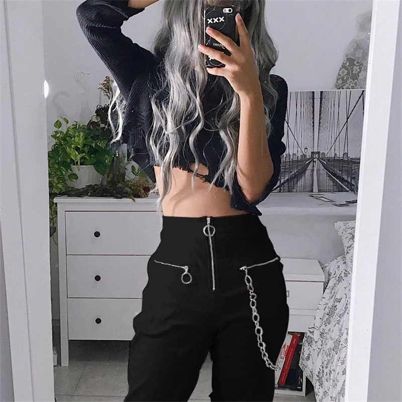Hot Goth Gothic zipper streetwear casual harem pants with chain black pant cool hip hop long trouser