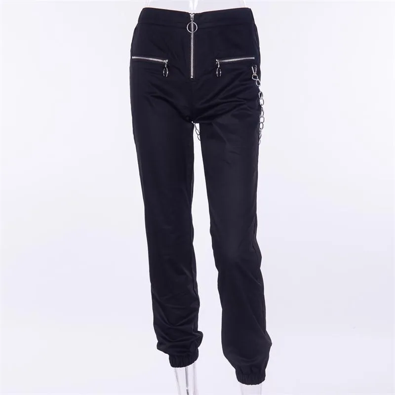 Hot Goth Gothic zipper streetwear casual harem pants with chain black pant cool hip hop long trouser