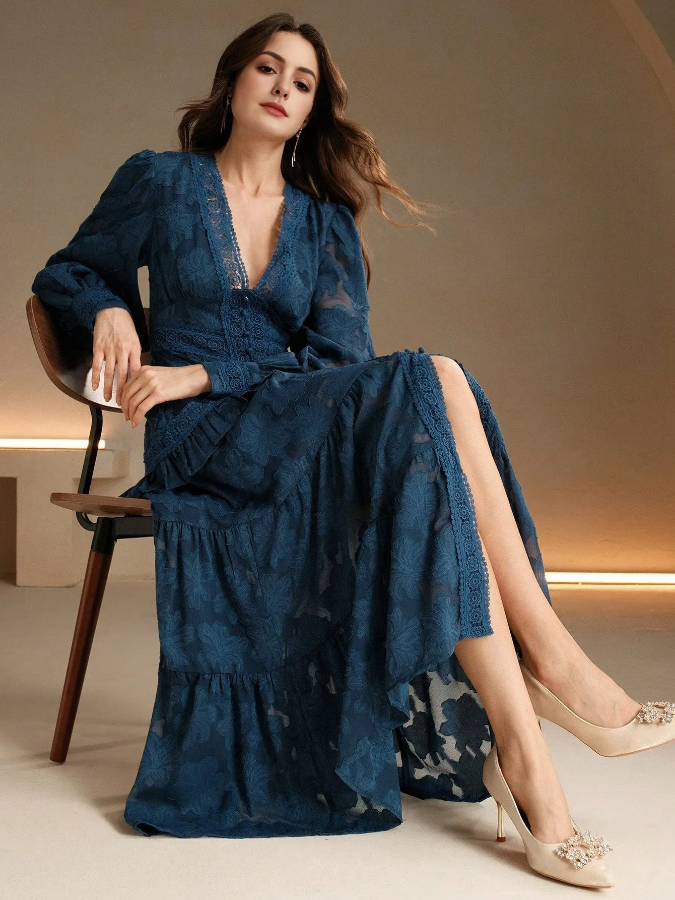 Isabella V-Neck Puff Sleeve Cinched Waist Elegant Dress