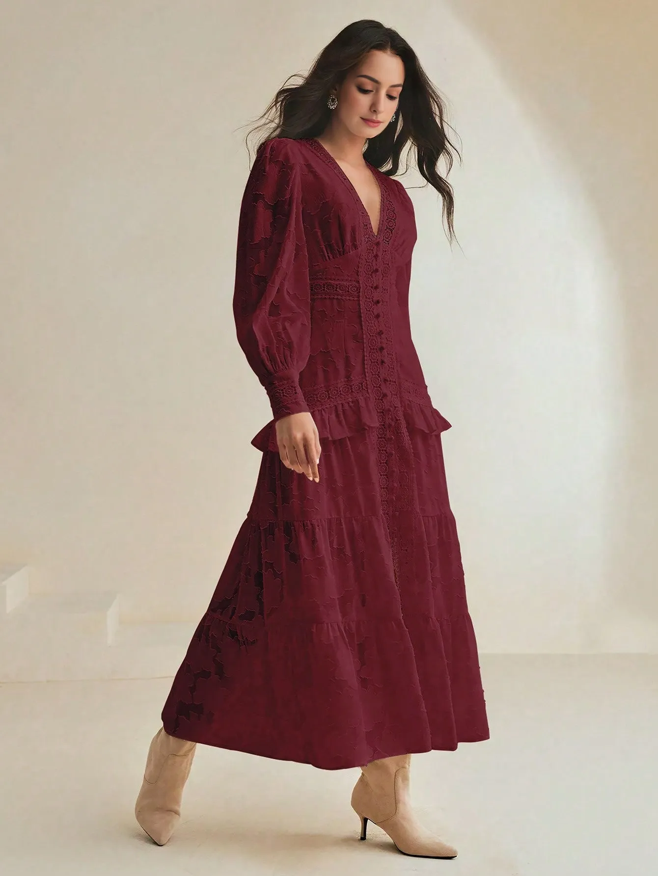 Isabella V-Neck Puff Sleeve Cinched Waist Elegant Dress