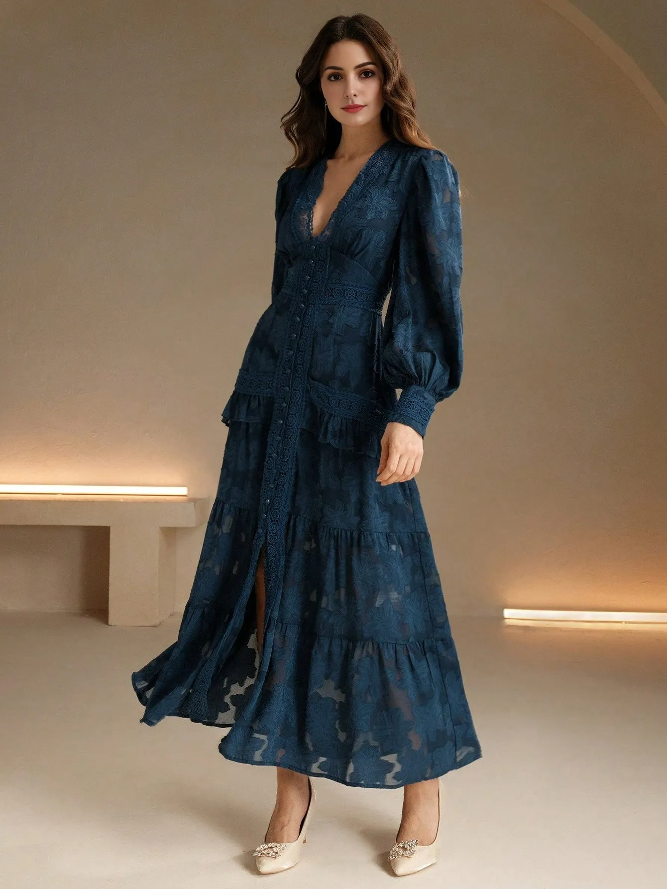 Isabella V-Neck Puff Sleeve Cinched Waist Elegant Dress