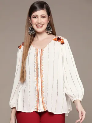 Ishin Women's Off White Embroidered Styled Back Top