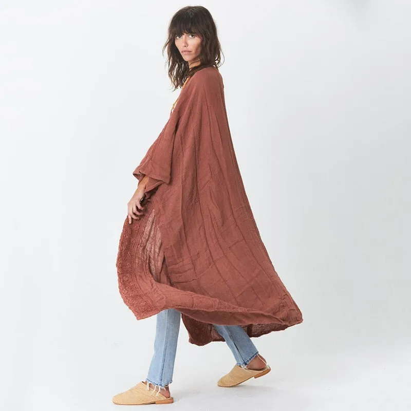 Kimono Rust Red Brown Bamboo Lace Long Beach Cover Up