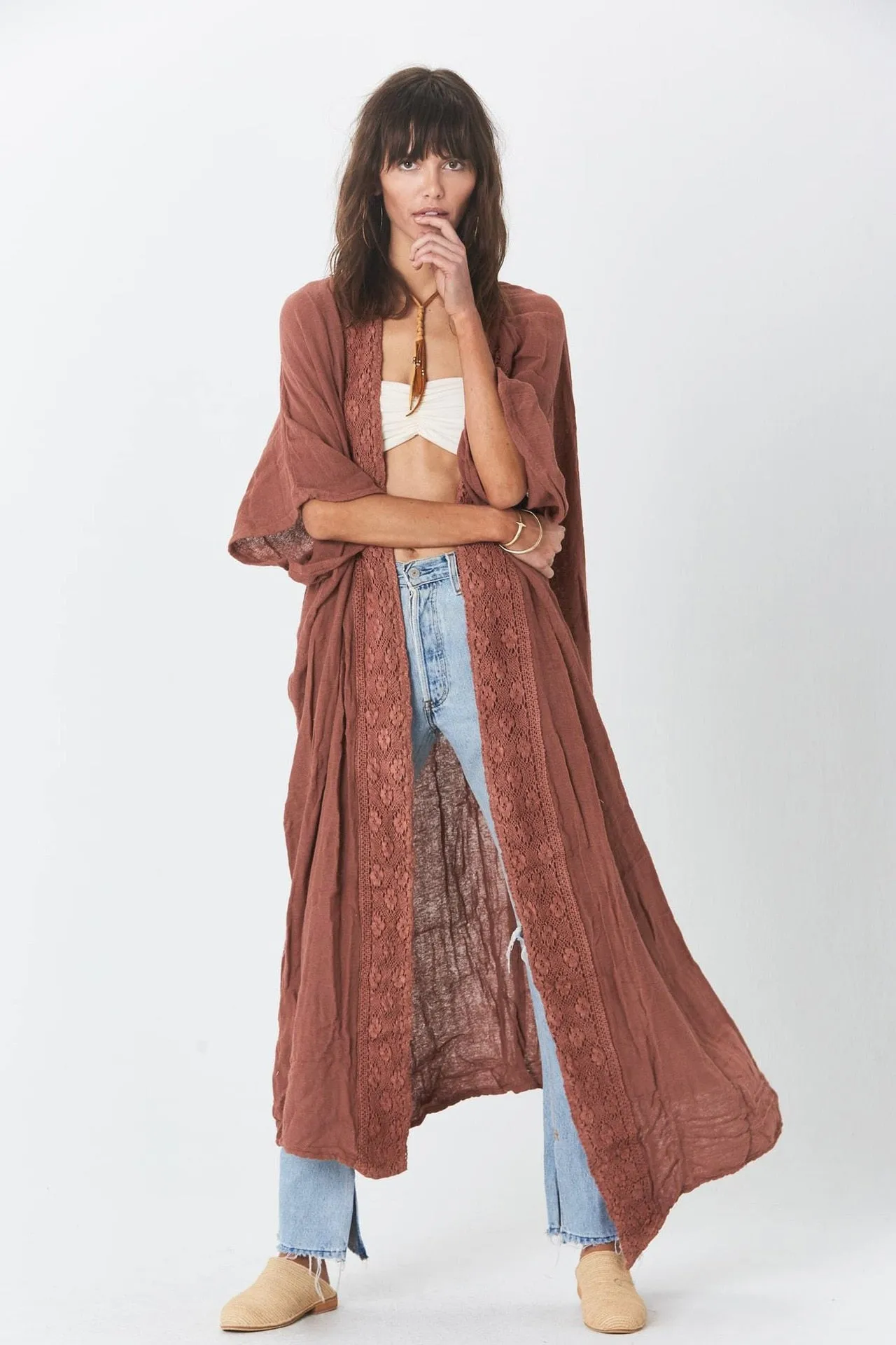 Kimono Rust Red Brown Bamboo Lace Long Beach Cover Up