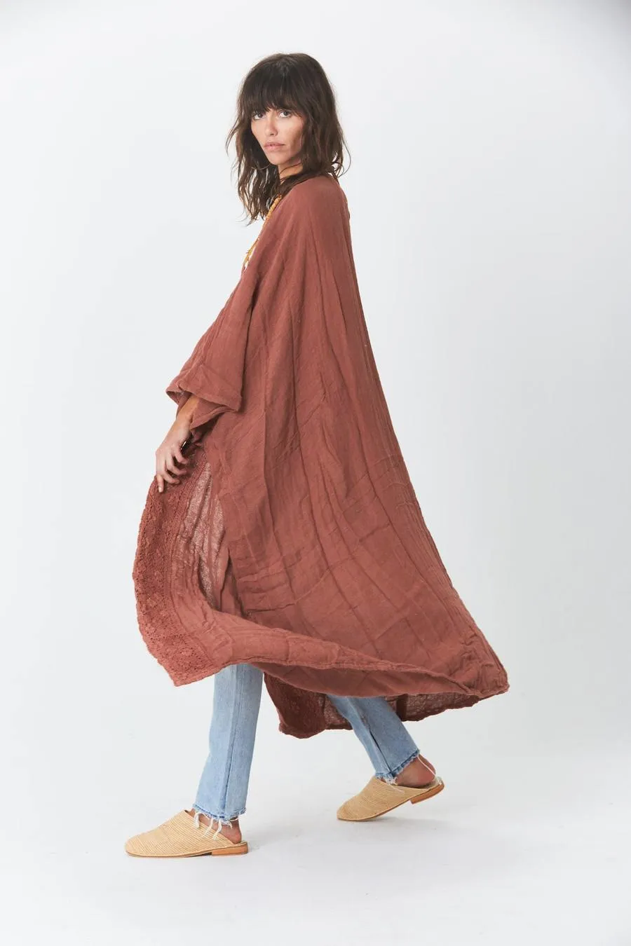 Kimono Rust Red Brown Bamboo Lace Long Beach Cover Up