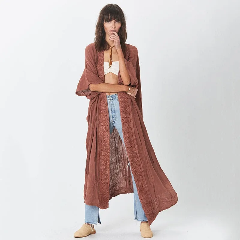 Kimono Rust Red Brown Bamboo Lace Long Beach Cover Up