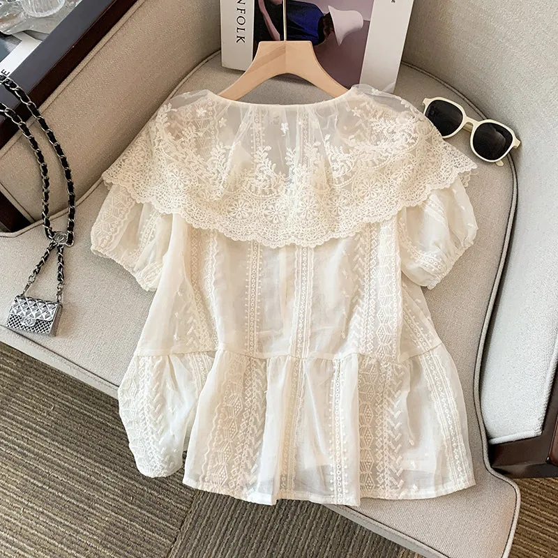 Lace Patchwork Embroidered Chiffon Blouse