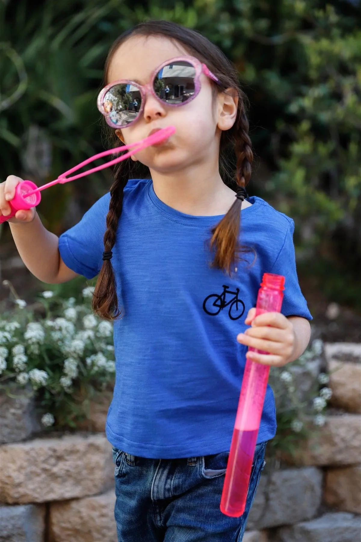 Little Toddler Girls Royal Blue Cotton Velour "Bike" Detail Top