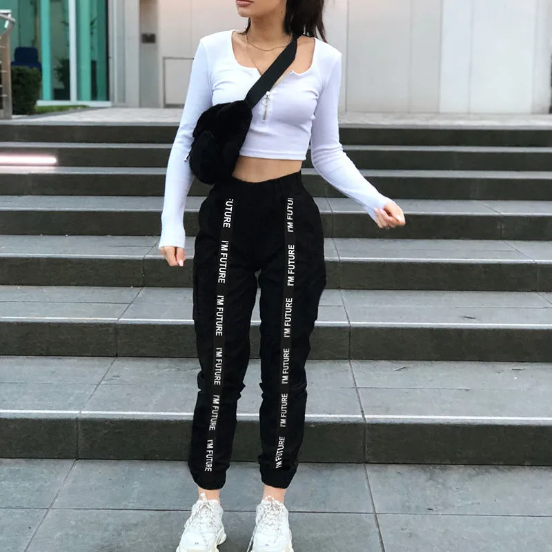 Loose Elastic Waist Letter Print Ankle Length Pants