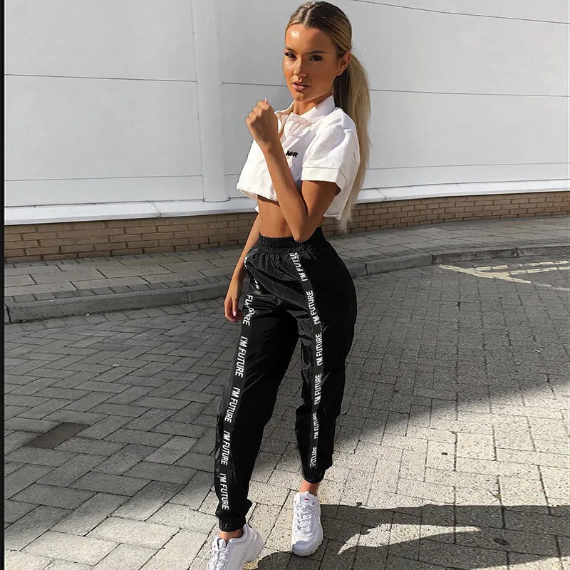 Loose Elastic Waist Letter Print Ankle Length Pants