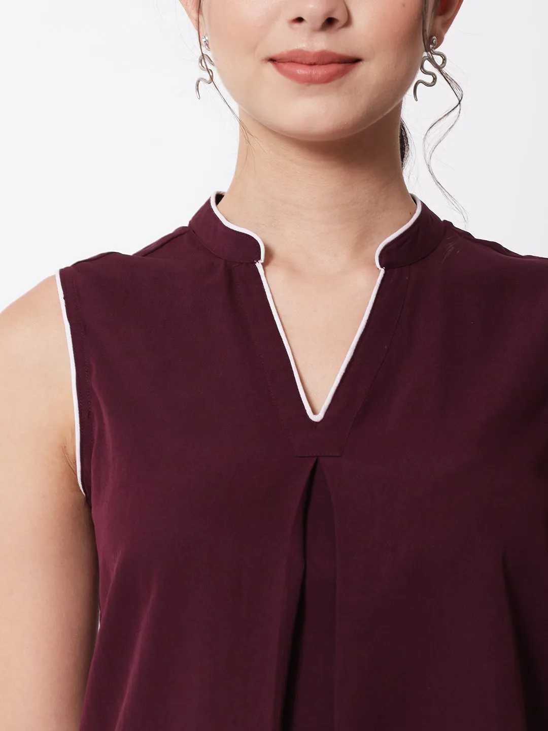 Maroon Mandarin Collar Crepe Top