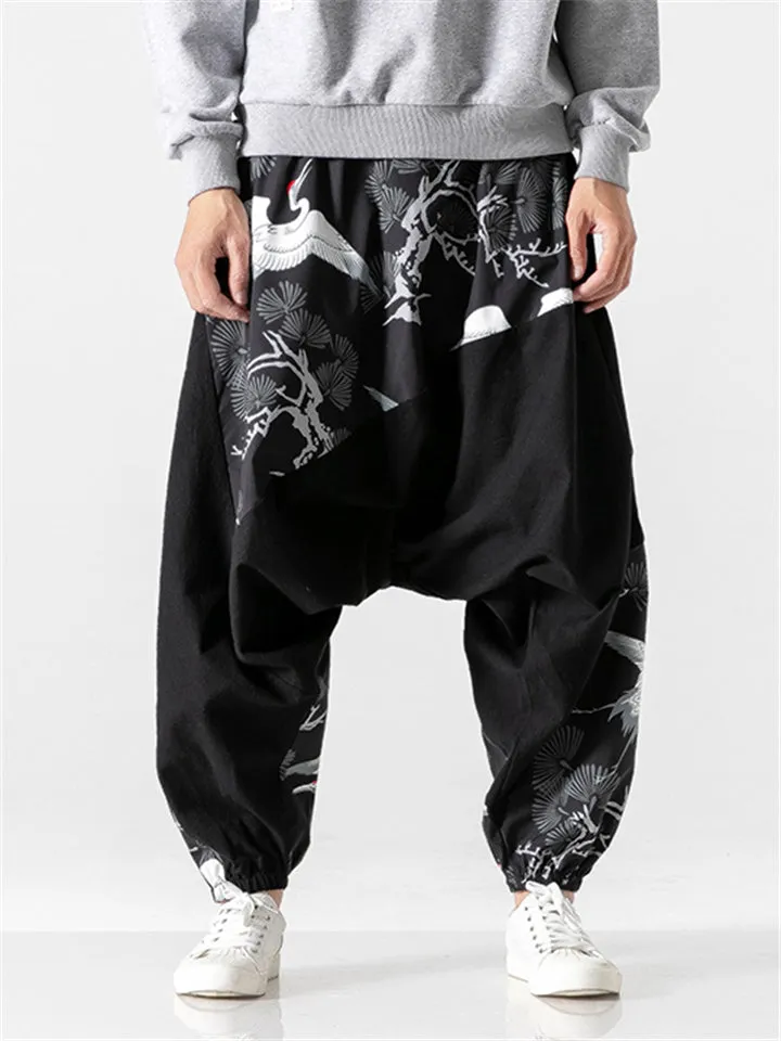 Men's Cool Cranes Printed Linen Loose Pants