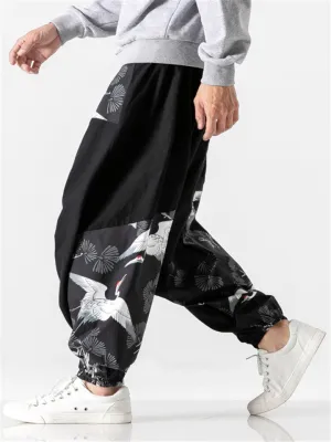 Men's Cool Cranes Printed Linen Loose Pants