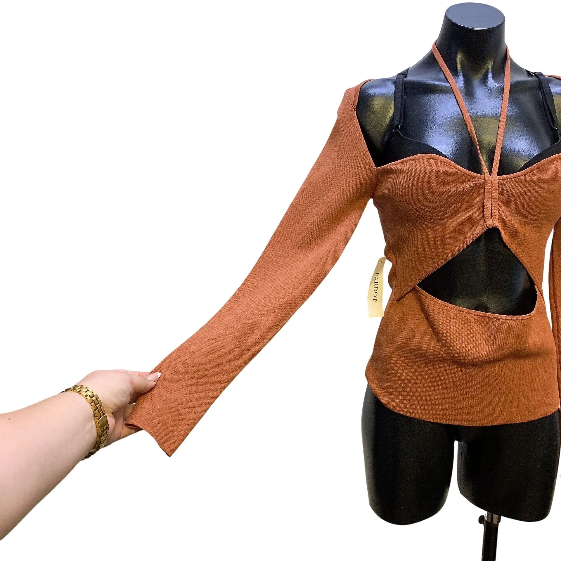 NWT Bardot Cutout Knit Top In Terracotta Brown Long Sleeves Size L