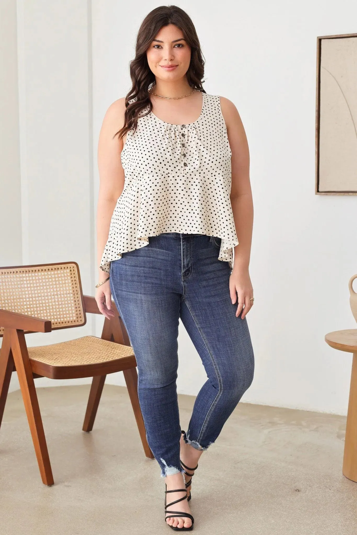 Plus Size All Over Print Crop Ruffle Button Top