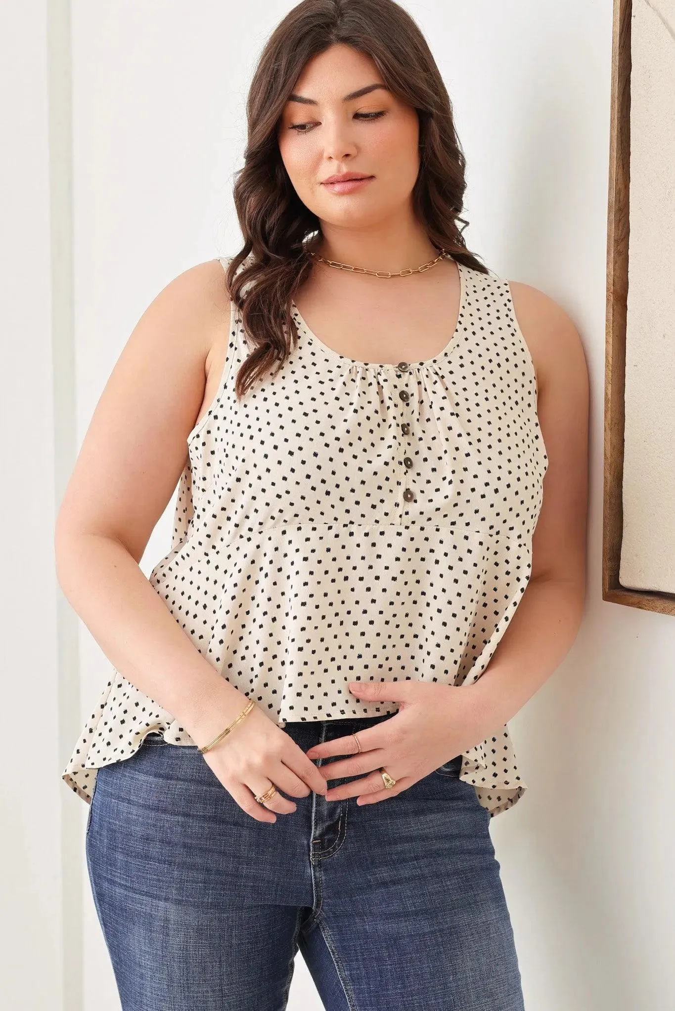 Plus Size All Over Print Crop Ruffle Button Top