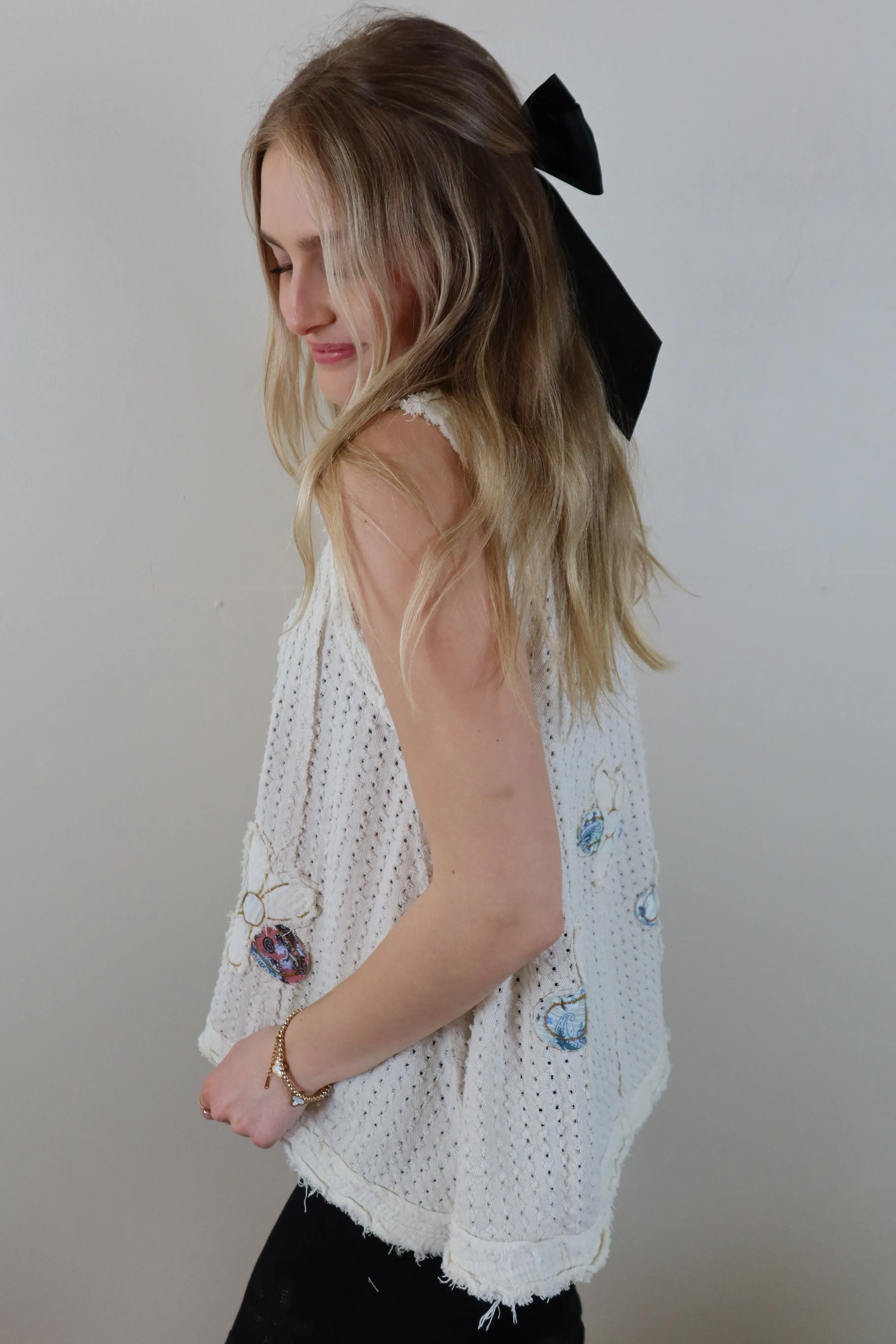 POL Cream Embroidered Floral Top