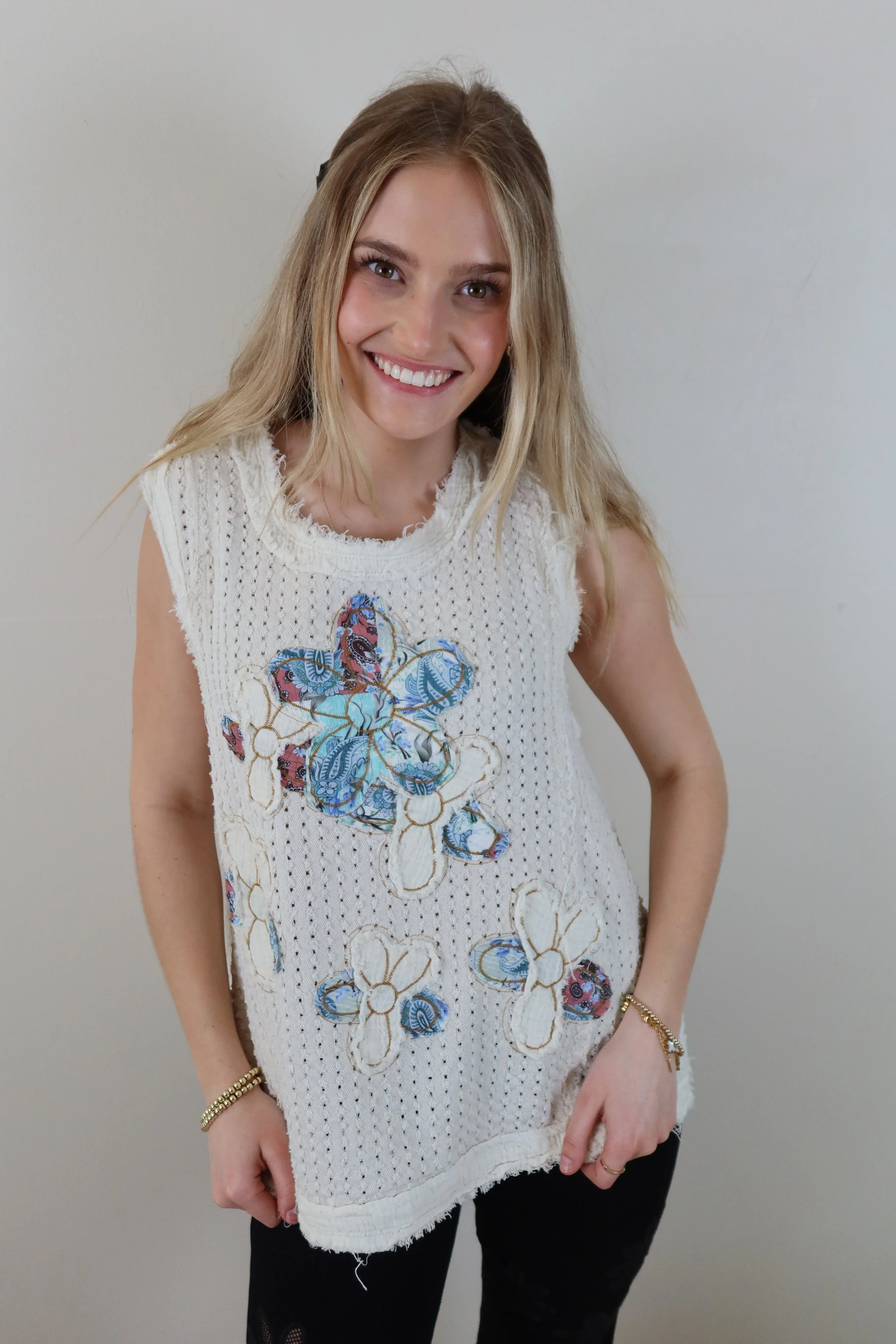 POL Cream Embroidered Floral Top