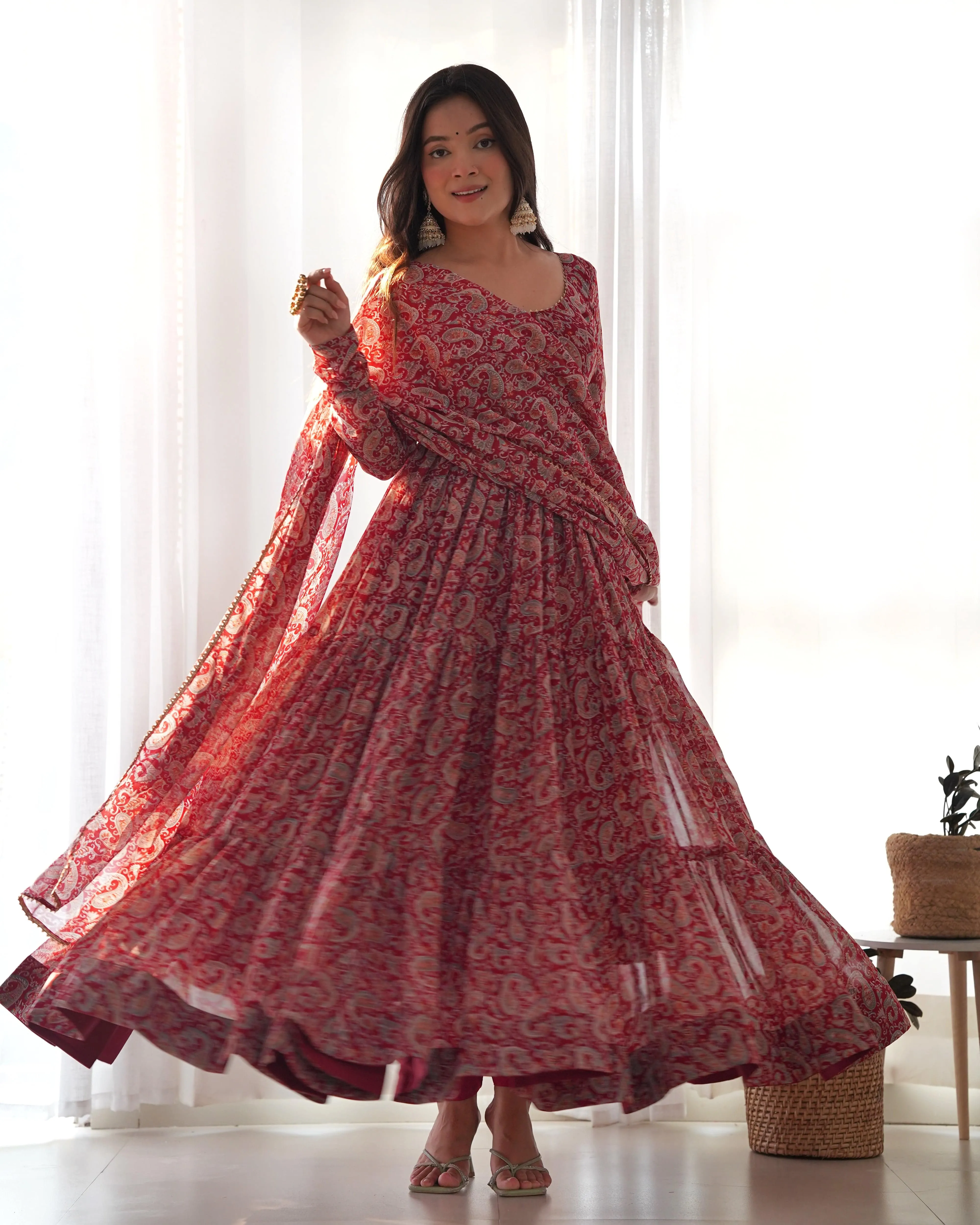 Pure Soft Fox Georgette Kalamkari Print Fabric Fully Flared Anarkali with Dupatta Set and Pants, Ready to Wear
