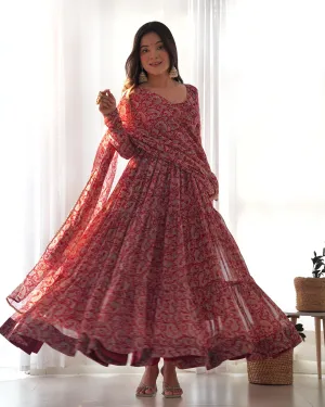 Pure Soft Fox Georgette Kalamkari Print Fabric Fully Flared Anarkali with Dupatta Set and Pants, Ready to Wear