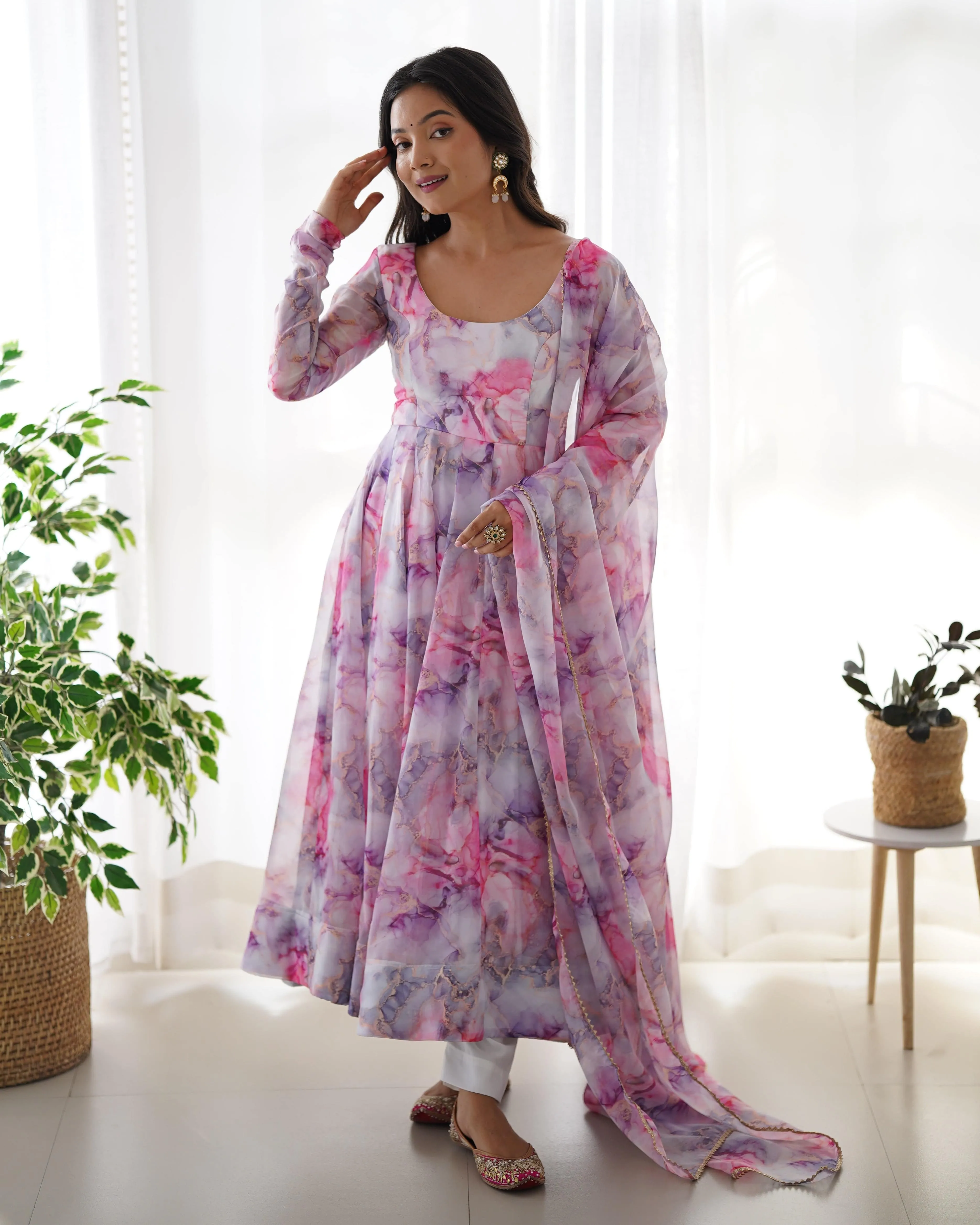 Pure Soft Organza Silk Fabric Fully Flair Kali Pattern with Canvas Patta, Complete with Dupatta Set and Pants, Ready to Wear!