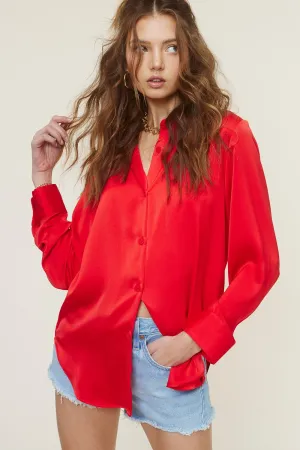 "Christmas Day" Red Satin Button Down Top