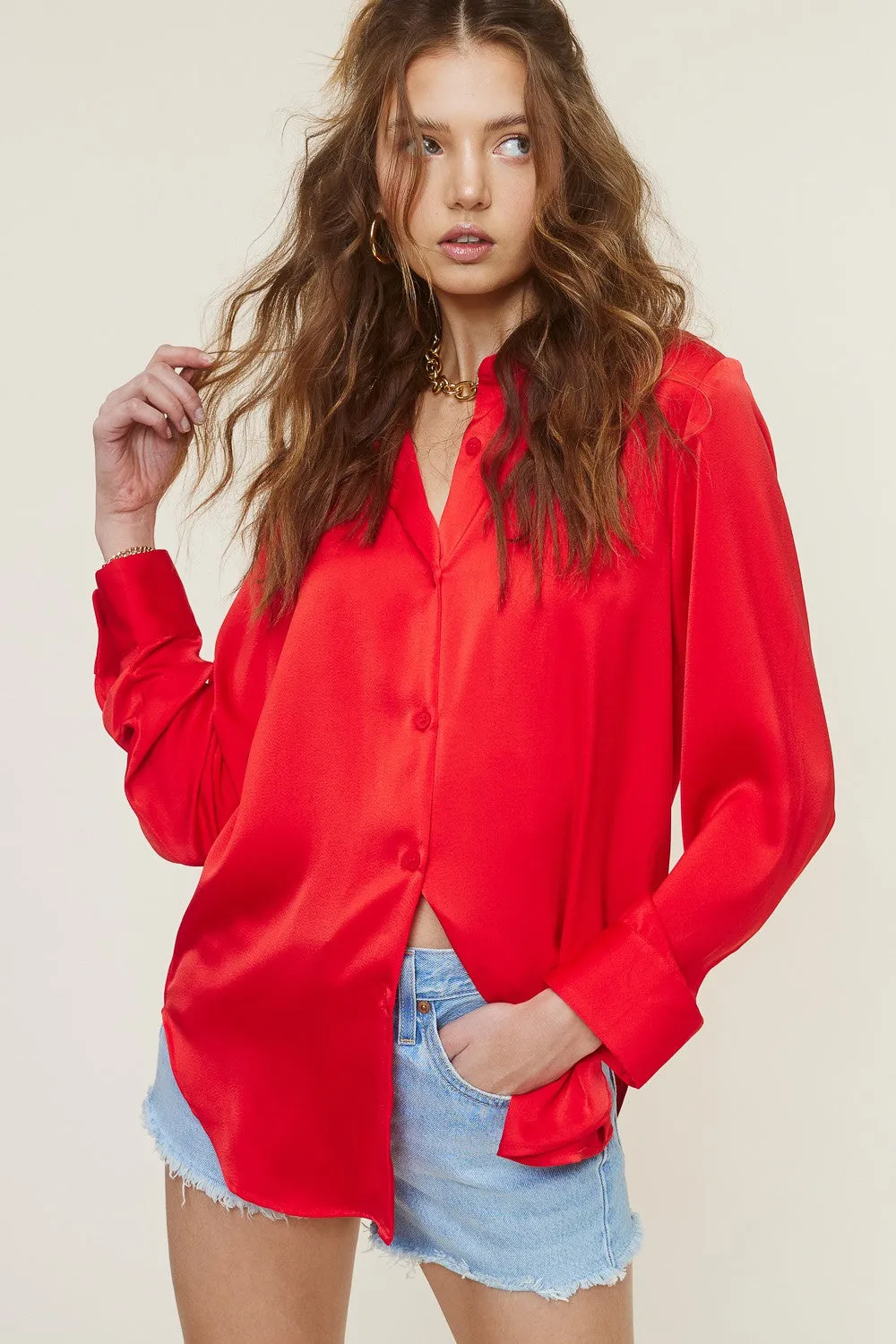 "Christmas Day" Red Satin Button Down Top