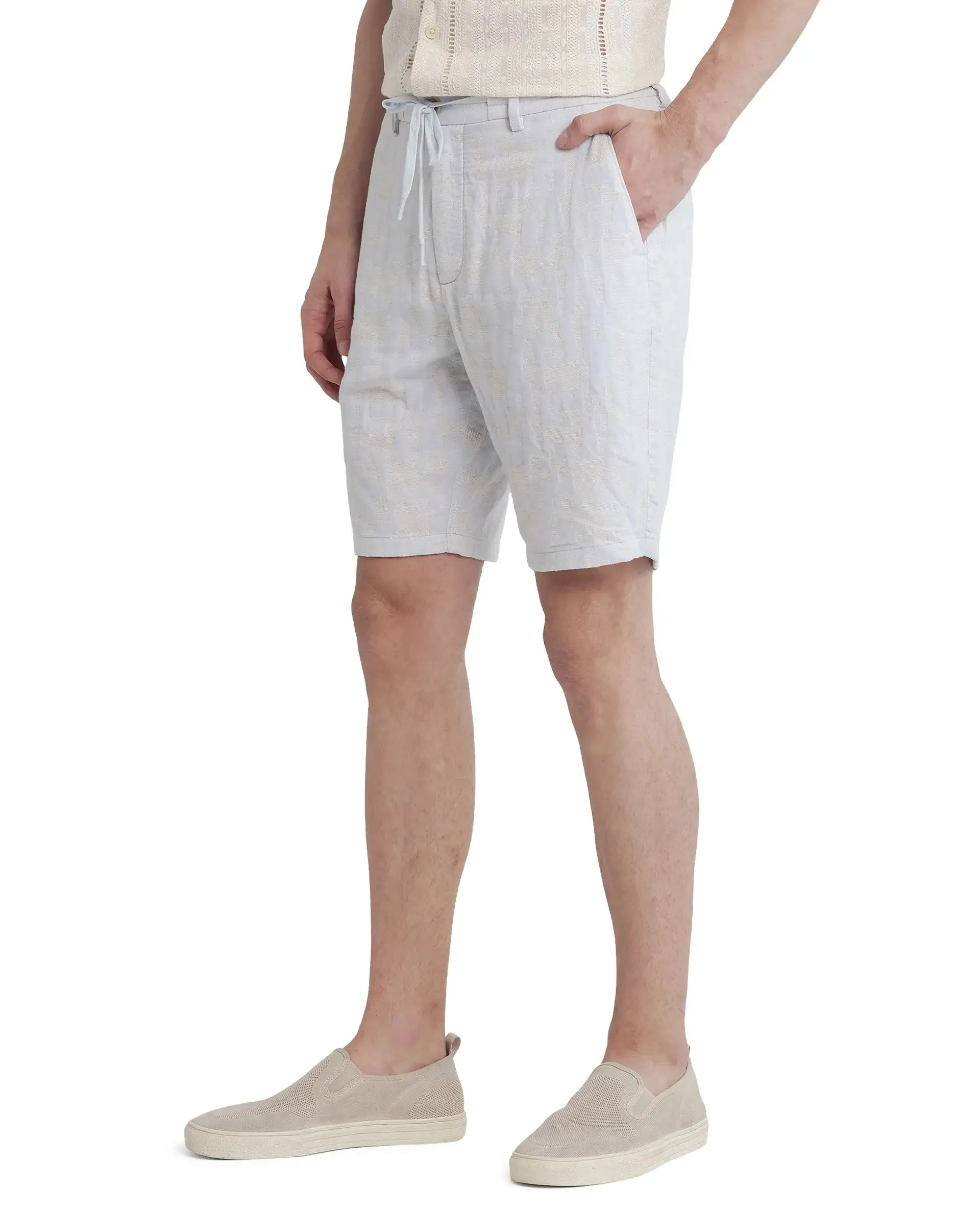 Rare Rabbit Men Welks Pastel Blue Cotton Satin Fabric Drawstring Closure Jacquard Shorts