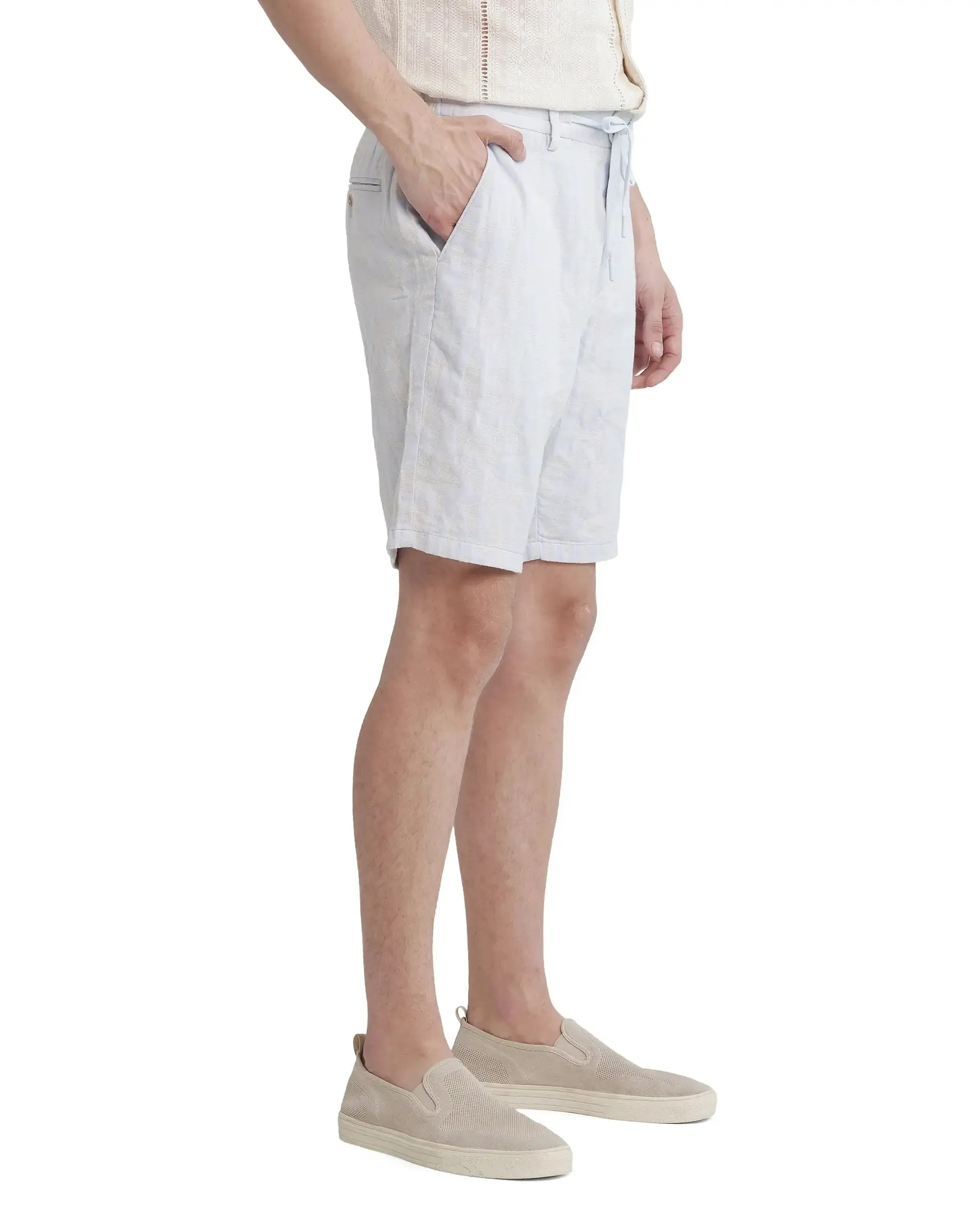 Rare Rabbit Men Welks Pastel Blue Cotton Satin Fabric Drawstring Closure Jacquard Shorts