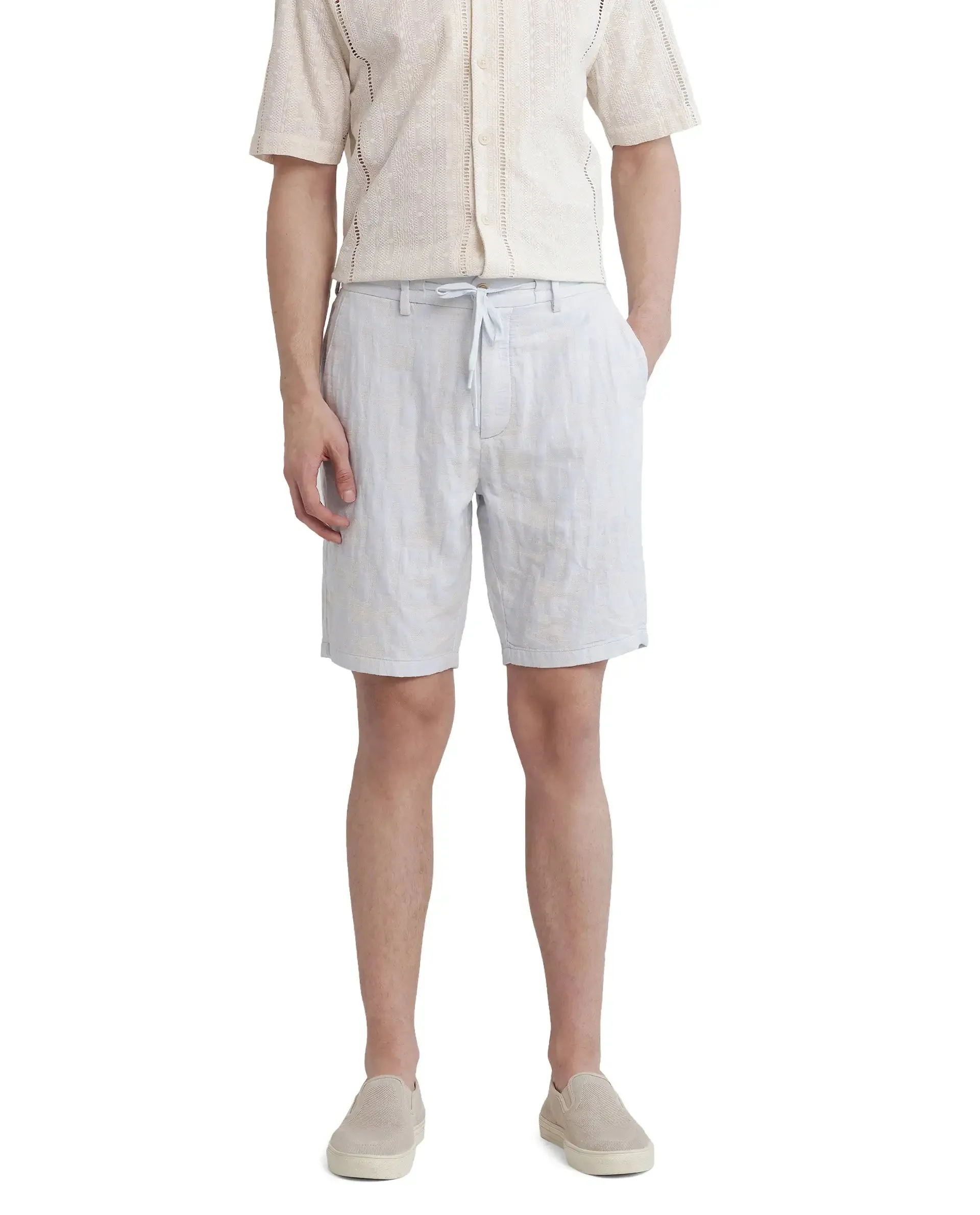 Rare Rabbit Men Welks Pastel Blue Cotton Satin Fabric Drawstring Closure Jacquard Shorts