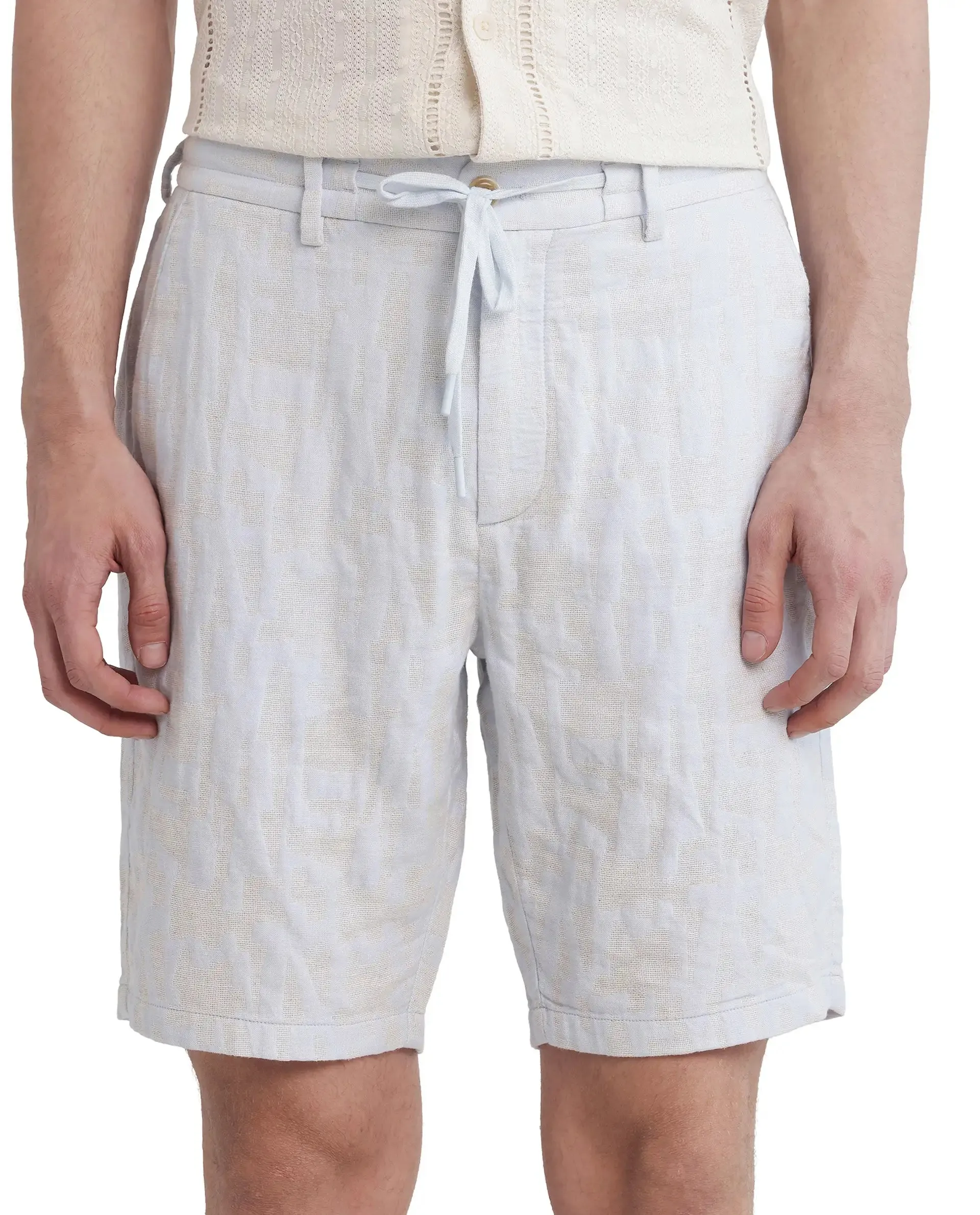 Rare Rabbit Men Welks Pastel Blue Cotton Satin Fabric Drawstring Closure Jacquard Shorts