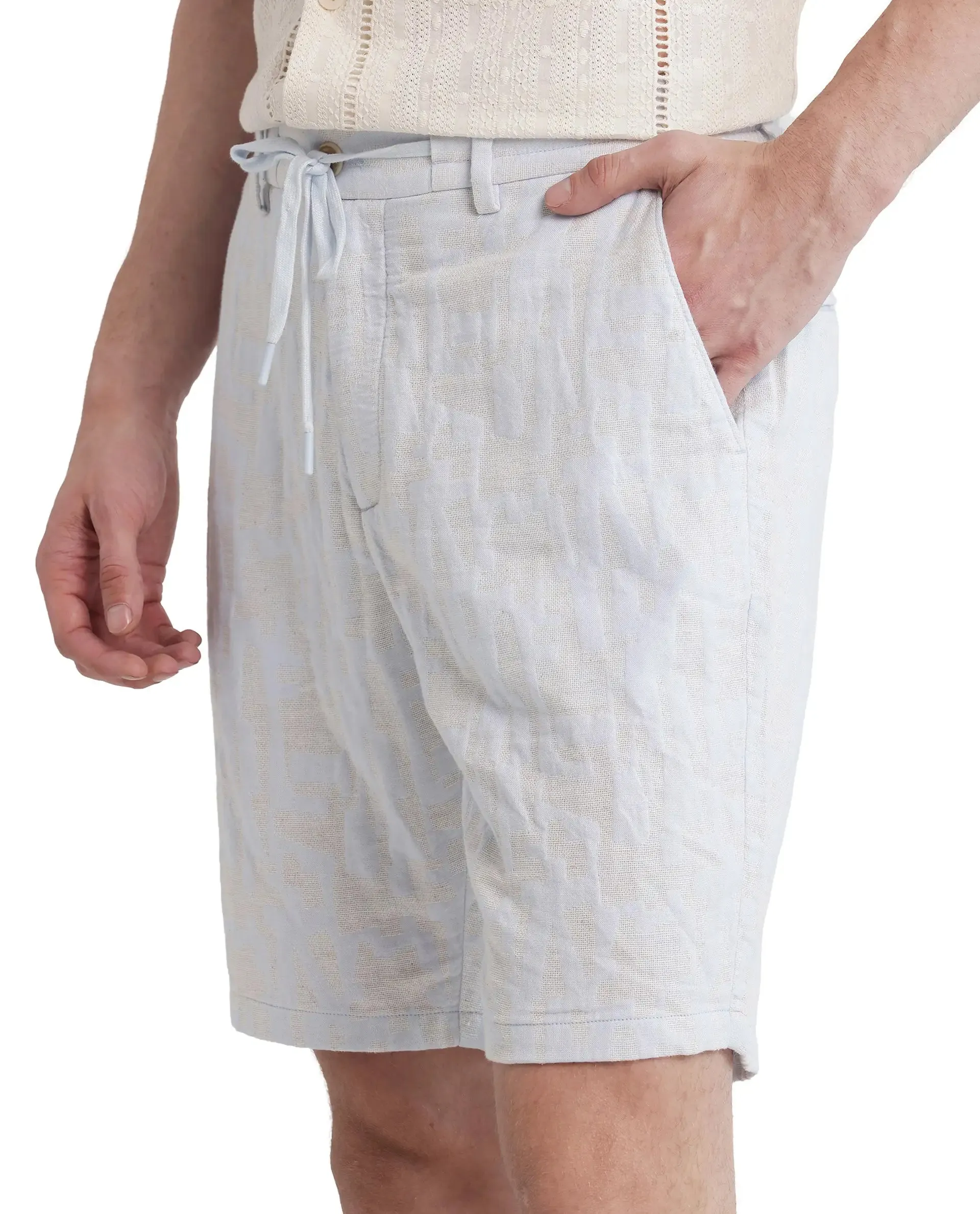 Rare Rabbit Men Welks Pastel Blue Cotton Satin Fabric Drawstring Closure Jacquard Shorts