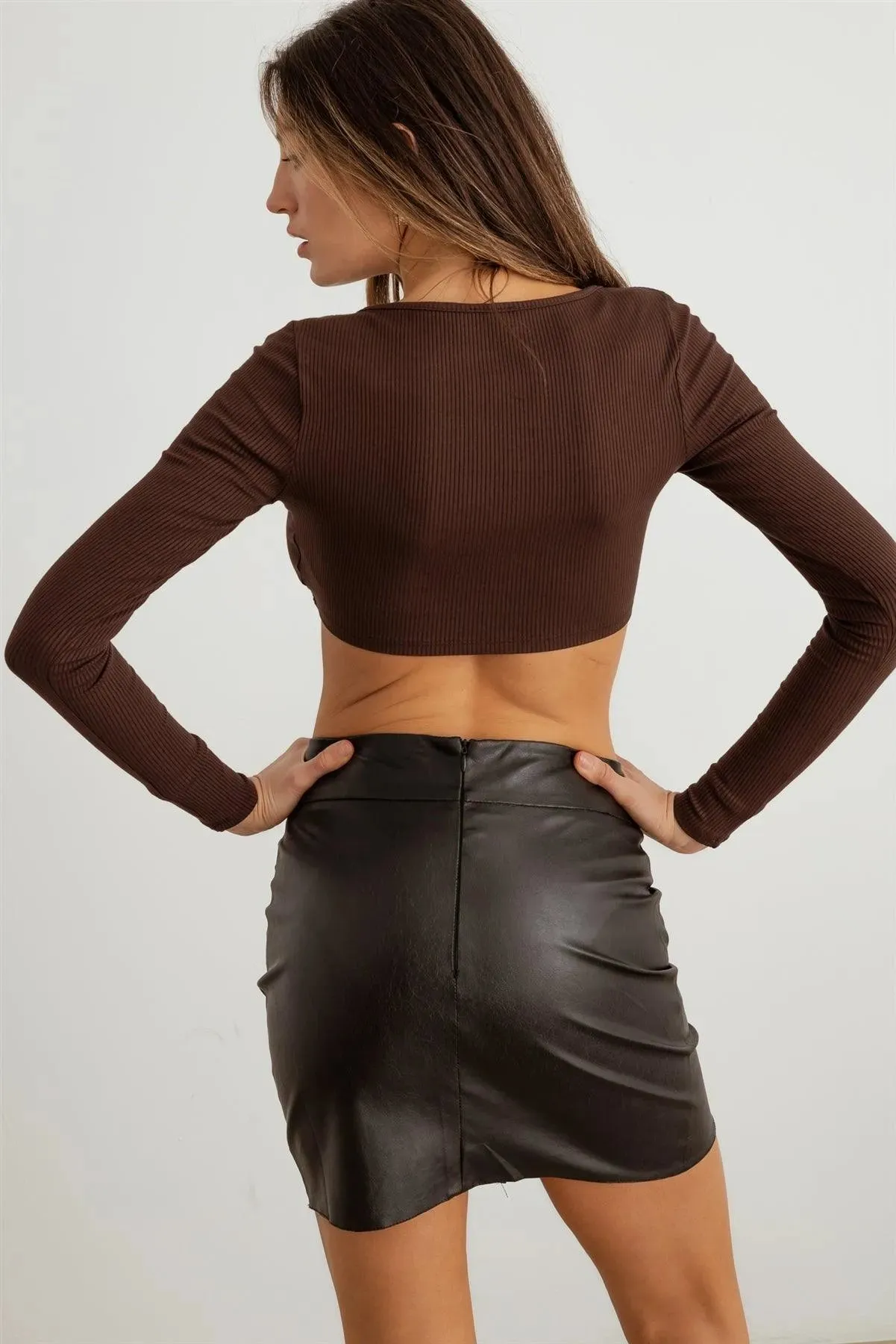 Ribbed Pearl Button-Up Long Sleeve Crop Top