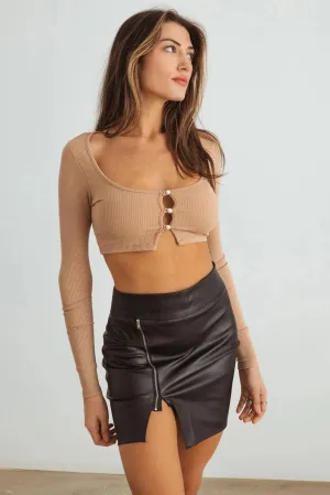 Ribbed Pearl Button-Up Long Sleeve Crop Top