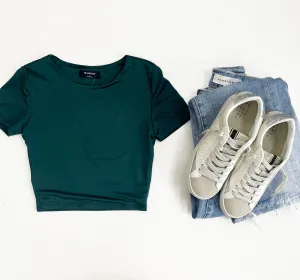Round Neck Short Sleeve Crop Top - Hunter Green