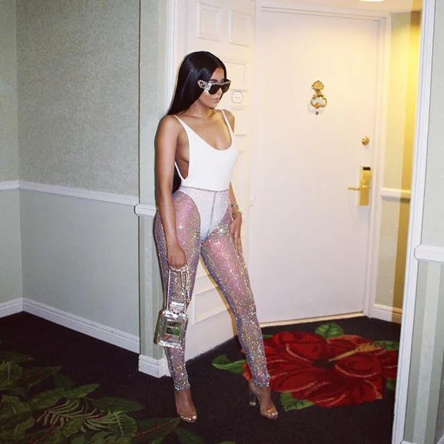 Sexy Beadings Transparent See Through Women 9/10 Skinny Pants