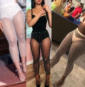 Sexy Beadings Transparent See Through Women 9/10 Skinny Pants