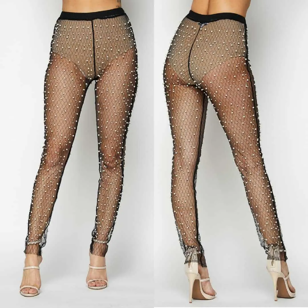 Sexy Beadings Transparent See Through Women 9/10 Skinny Pants