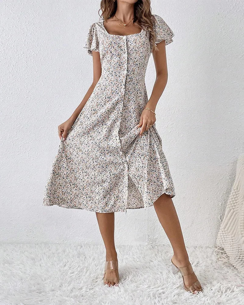 Short-sleeved square-neck floral dress