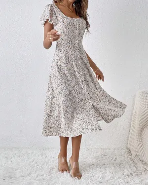 Short-sleeved square-neck floral dress