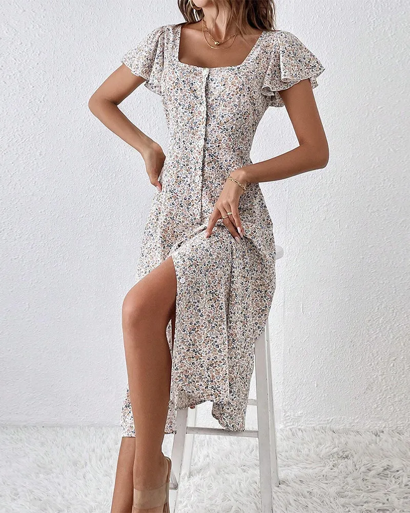 Short-sleeved square-neck floral dress