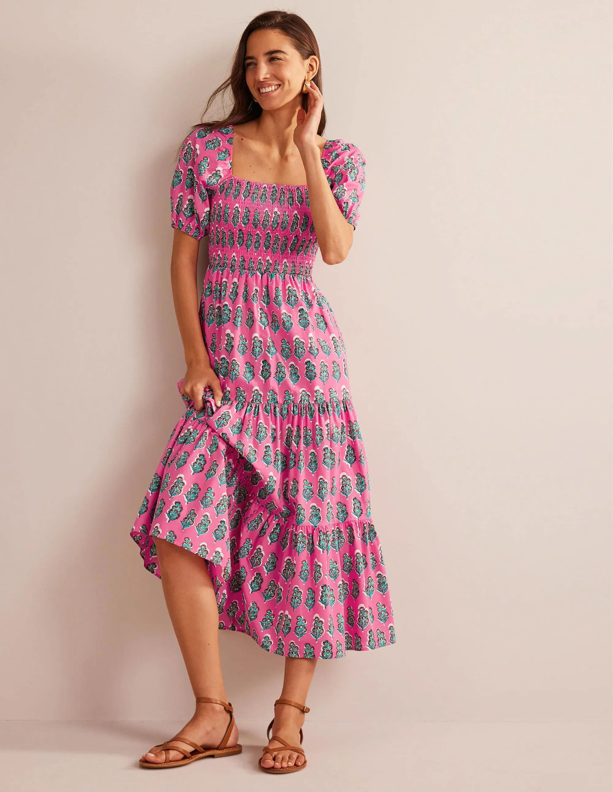 Smocked Bodice Maxi Dress-Festival Pink, Artisan Bloom