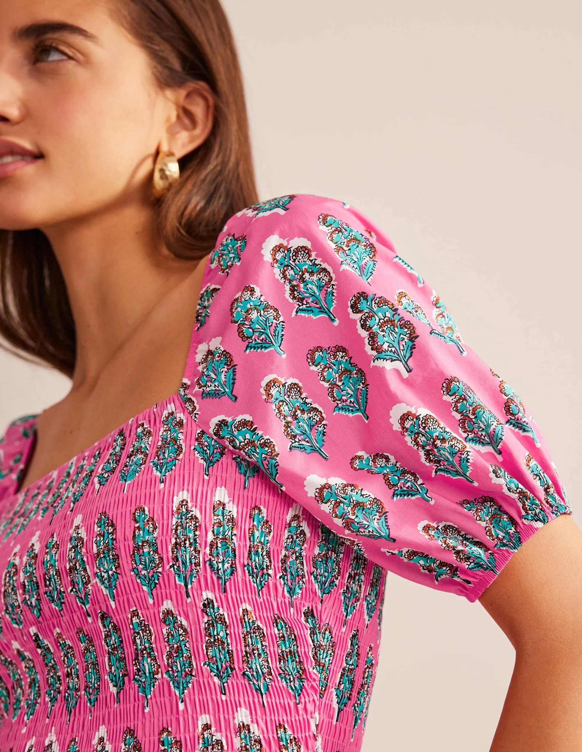 Smocked Bodice Maxi Dress-Festival Pink, Artisan Bloom
