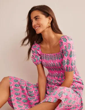 Smocked Bodice Maxi Dress-Festival Pink, Artisan Bloom