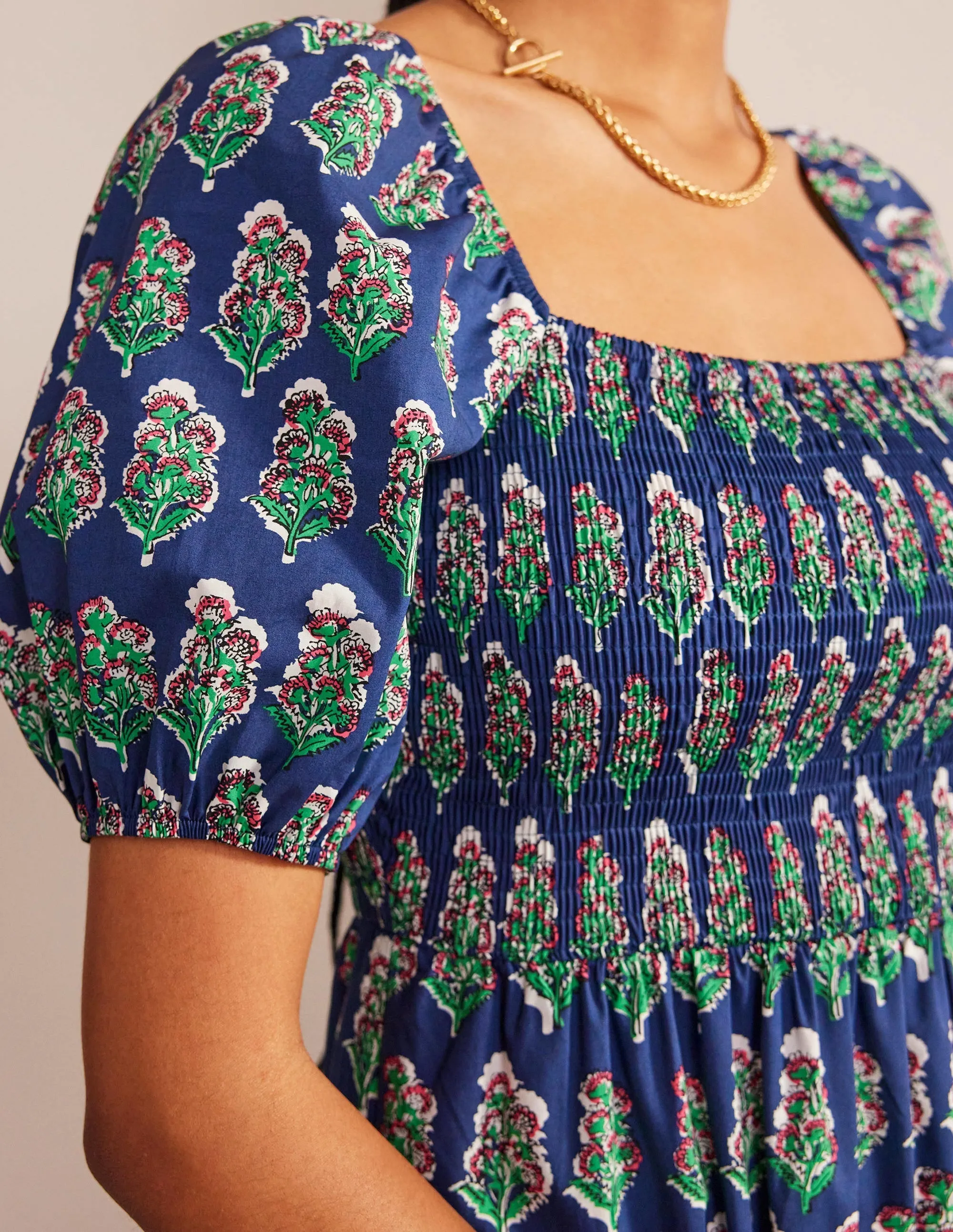 Smocked Bodice Maxi Dress-French Navy, Artisan Bloom