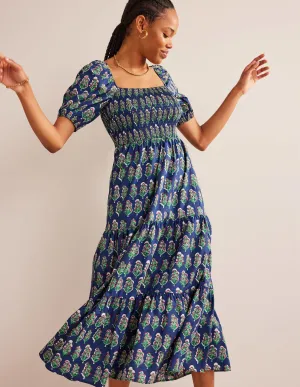 Smocked Bodice Maxi Dress-French Navy, Artisan Bloom