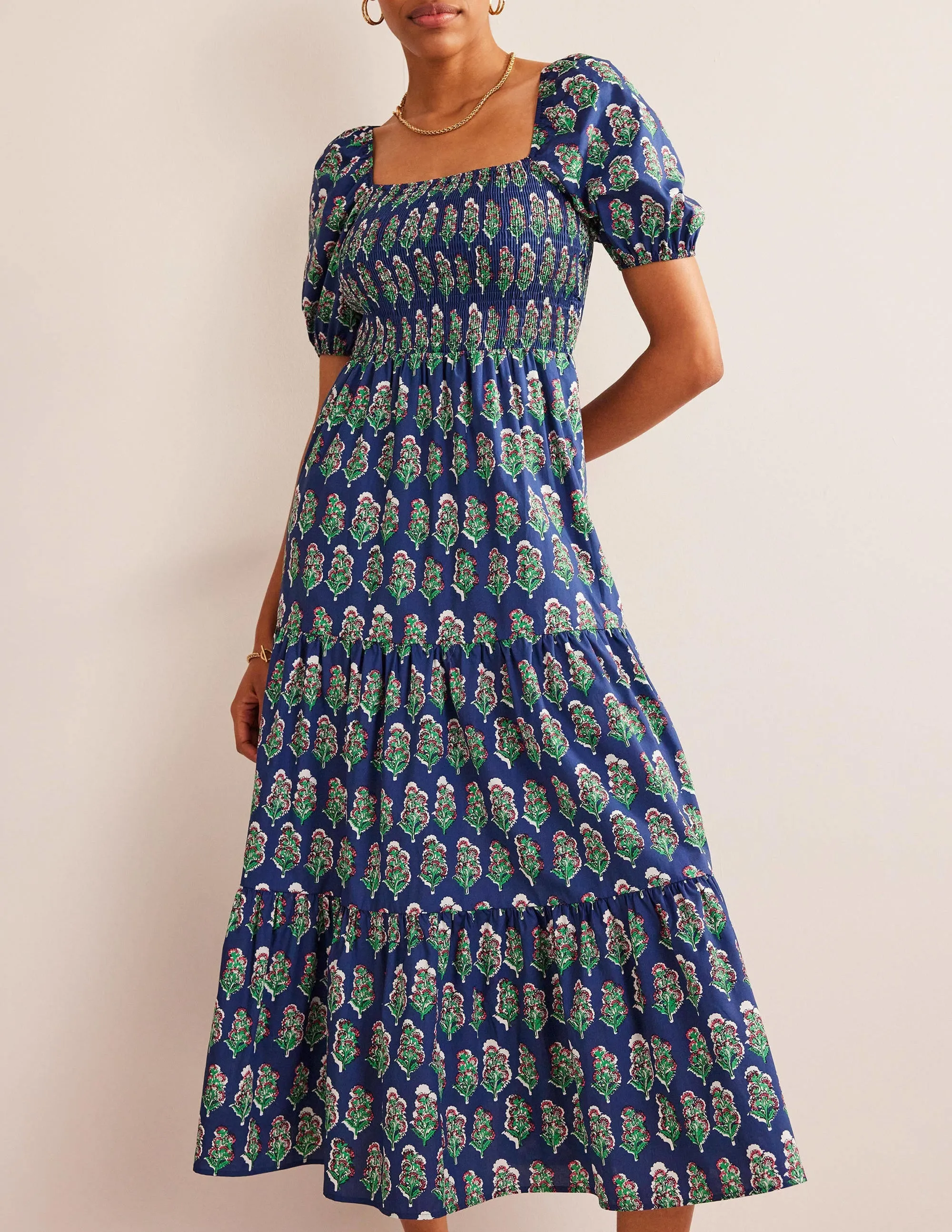 Smocked Bodice Maxi Dress-French Navy, Artisan Bloom